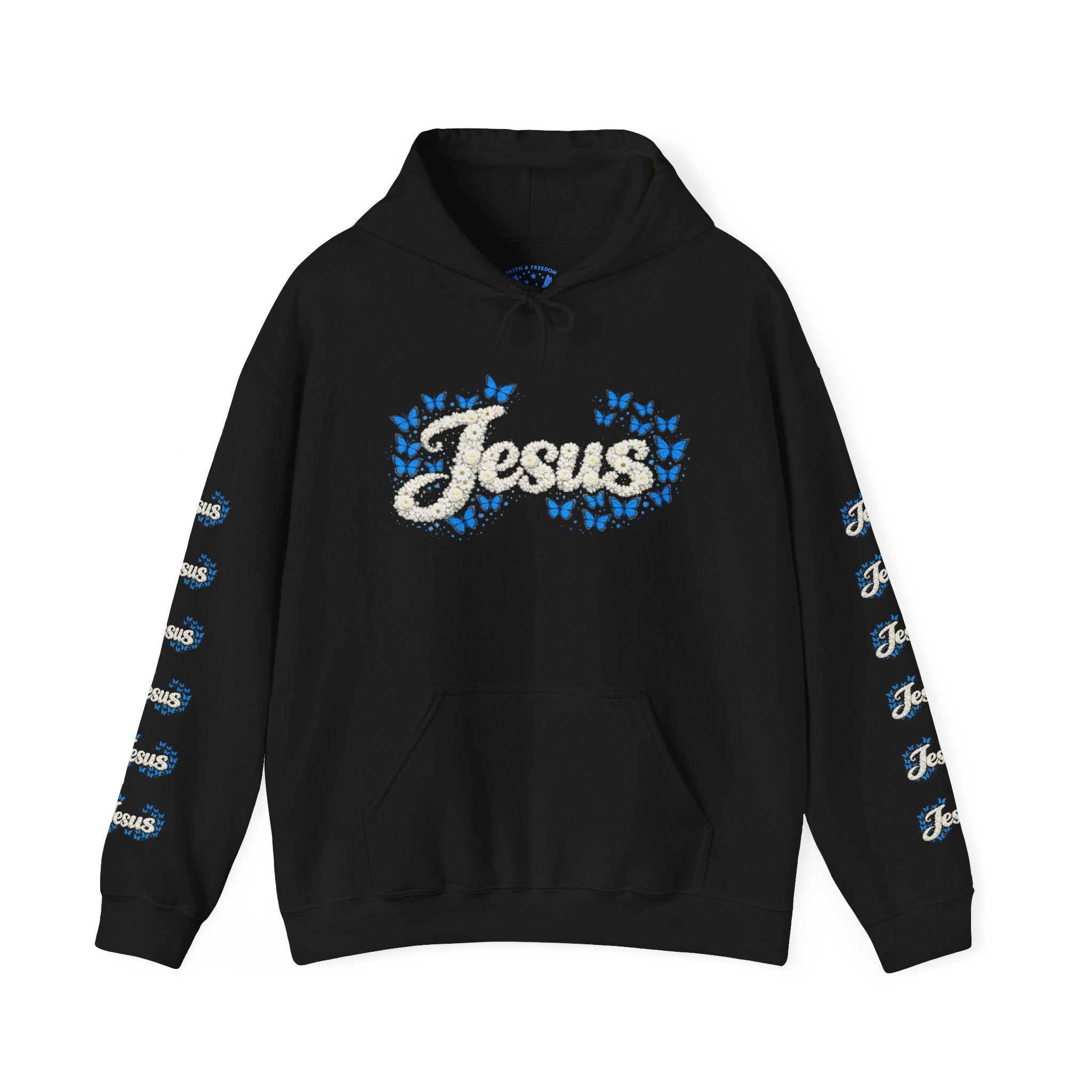 Butterfly Blossoms Hoodie — "Jesus" Floral Script Pullover