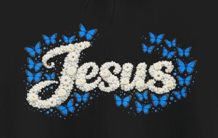 Butterfly Blossoms Hoodie – “Jesus” Floral Script Christian Pullover | Faith & Butterfly Hoodie