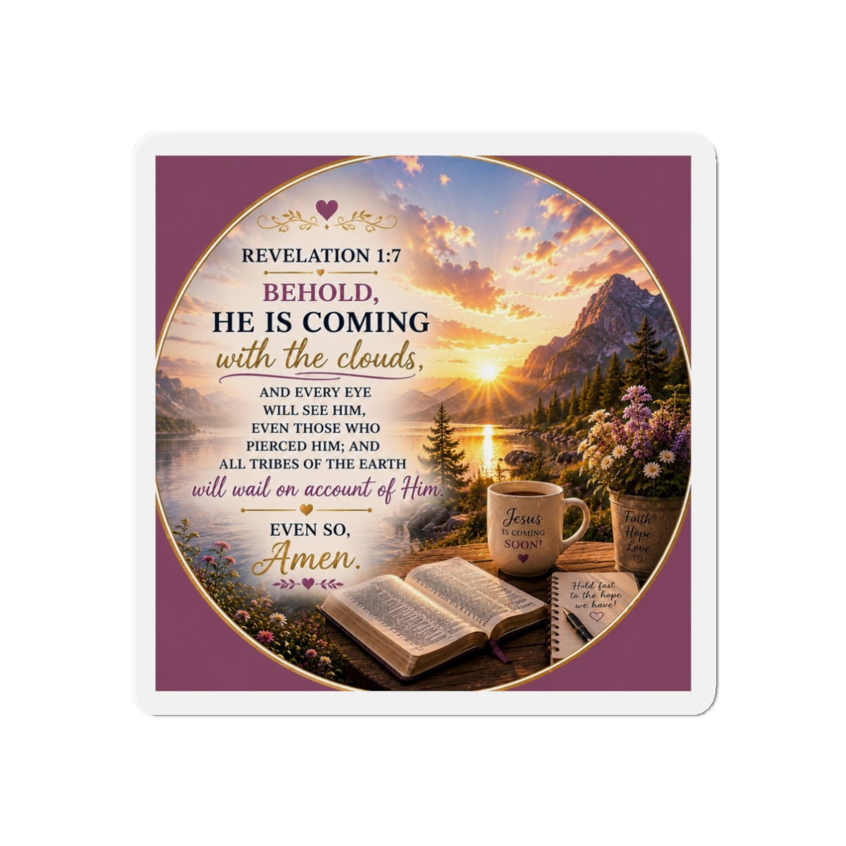 Christian die-cut magnet featuring Revelation 1:7, a mountain lake sunrise, open Bible, coffee mug, flowers, and inspirational scripture about Christ's return in purple and gold tones.
