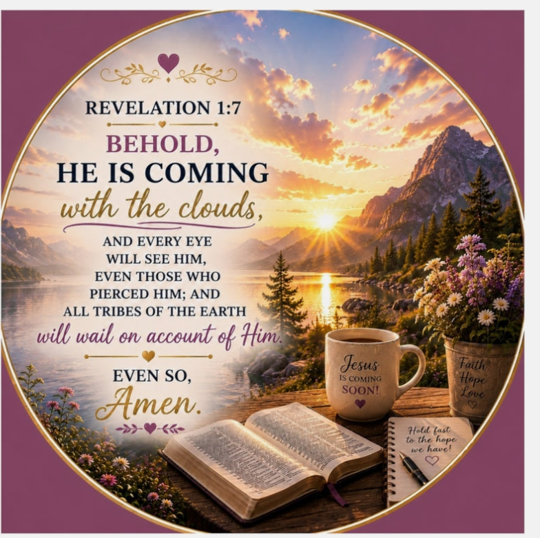 Christian die-cut magnet featuring Revelation 1:7, a mountain lake sunrise, open Bible, coffee mug, flowers, and inspirational scripture about Christ's return in purple and gold tones.
