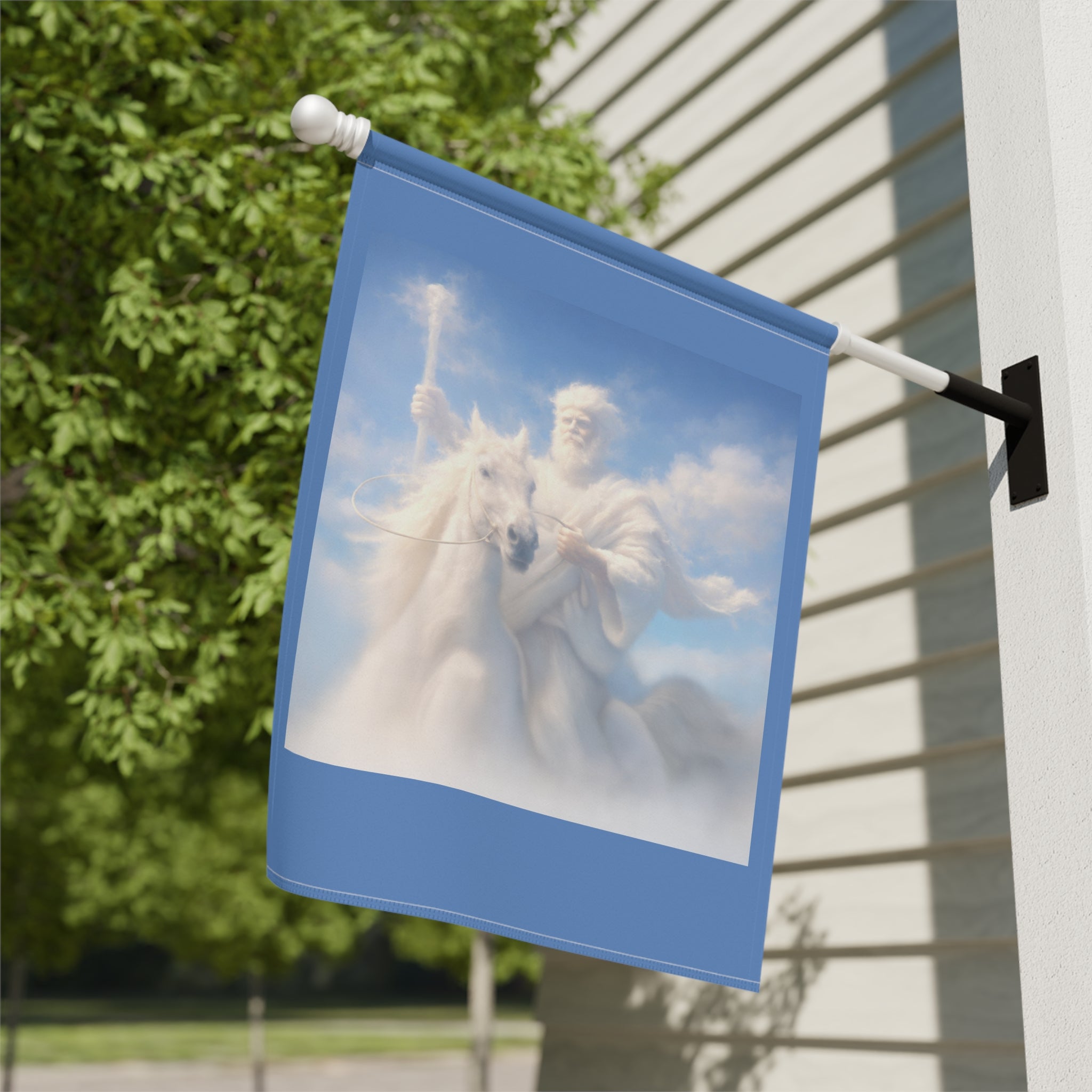 Inspirational Christian garden flag featuring Jesus riding a white horse through glowing clouds with dramatic sky scenery and double-sided outdoor artwork.