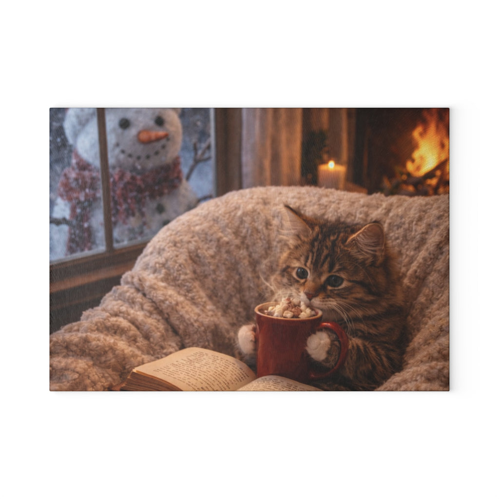 Cozy Winter Cat Glass Cutting Board – Hot Cocoa Kitchen Decor | Cute Cat Kitchen Board