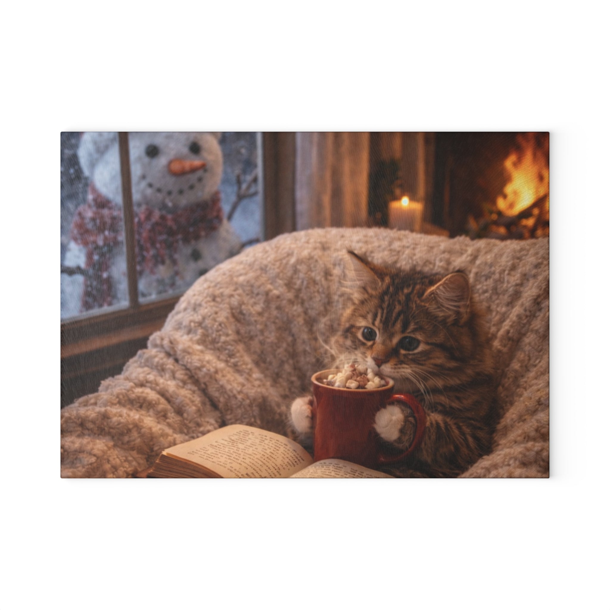 Cozy Winter Cat Glass Cutting Board – Hot Cocoa Kitchen Decor | Cute Cat Kitchen Board