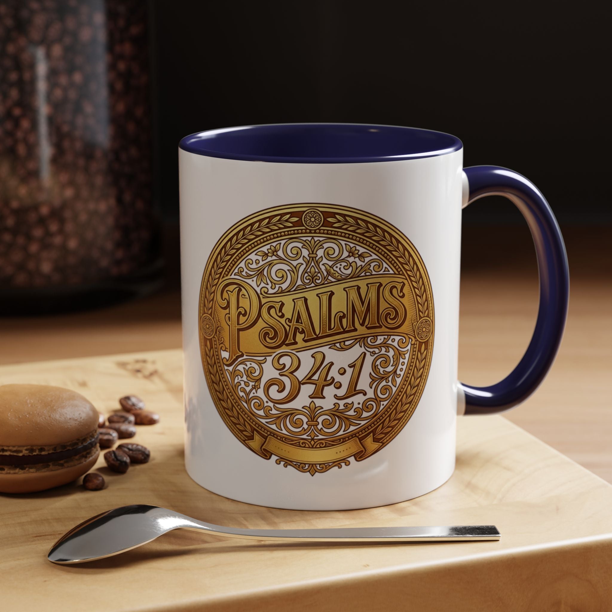 Inspirational Christian ceramic accent coffee mug featuring Psalm 34:1 in an ornate gold medallion design with colorful handle and interior accents.
