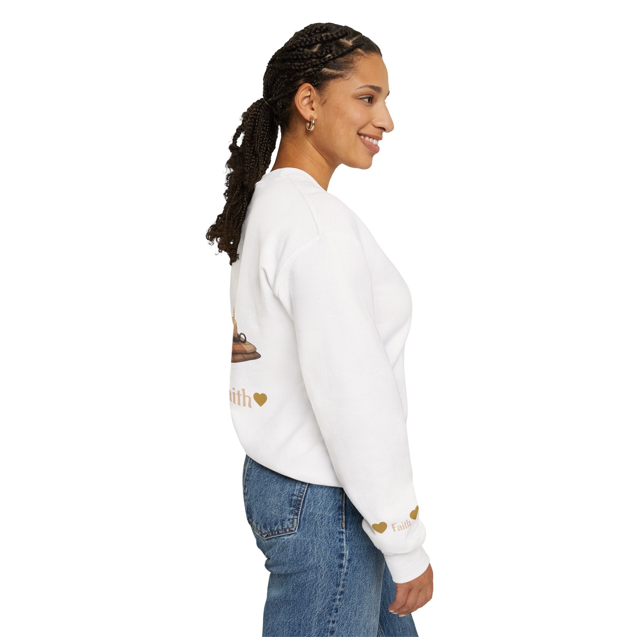 Faith Cozy Cat Crewneck Sweatshirt – Candlelight Cat Faith Sweatshirt | Quiet Comfort Apparel