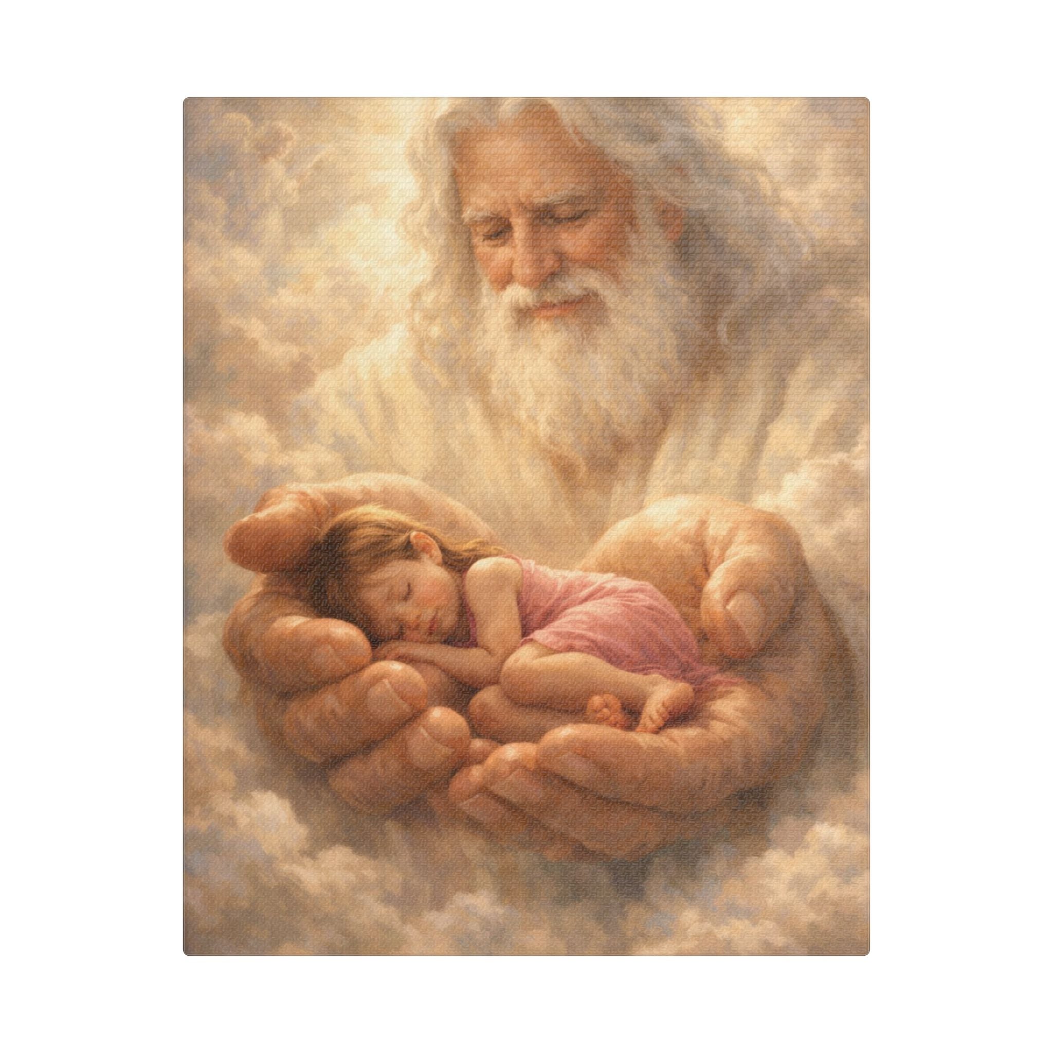 Safely in His Hands Canvas — Sleeping 'Lil' Girl' in God's Embrace Wall Art