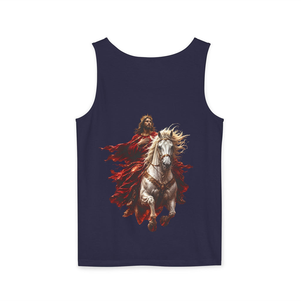 Christian tank top featuring Jesus riding a white horse with inspirational Second Coming artwork on a soft garment-dyed sleeveless shirt.