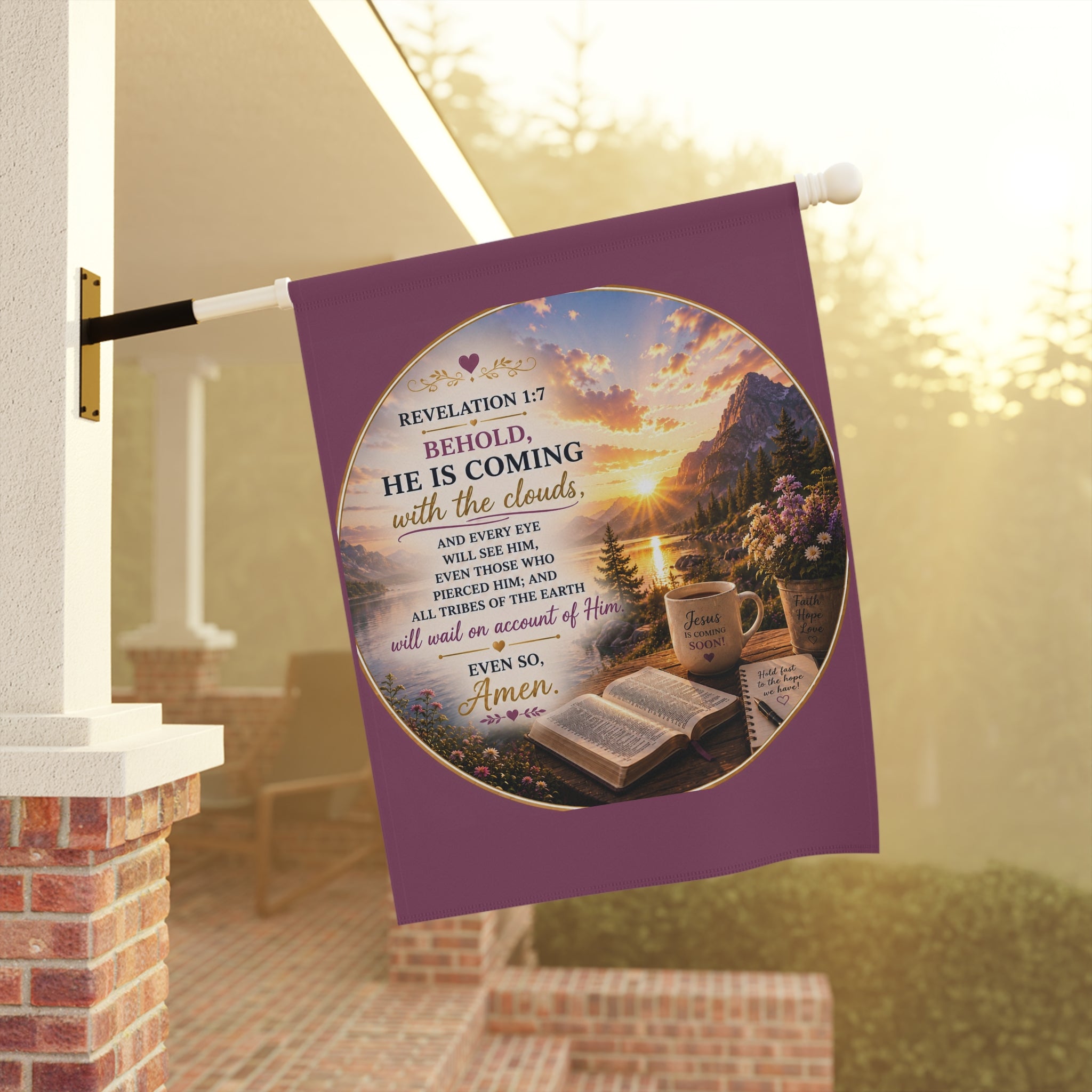 Inspirational Christian memorial garden flag featuring a glowing pathway, peaceful bench, and comforting “He Will Wipe Away Every Tear” scripture artwork in warm sunset tones.