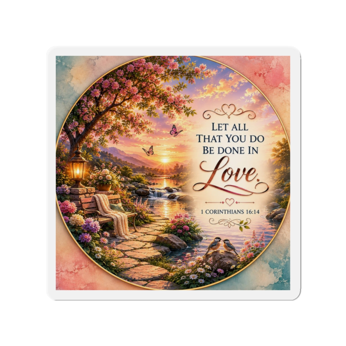Christian die-cut magnet featuring 1 Corinthians 16:14, a colorful garden landscape with blooming flowers, butterflies, a peaceful stream, birds, and the scripture “Let All That You Do Be Done in Love” at sunset.