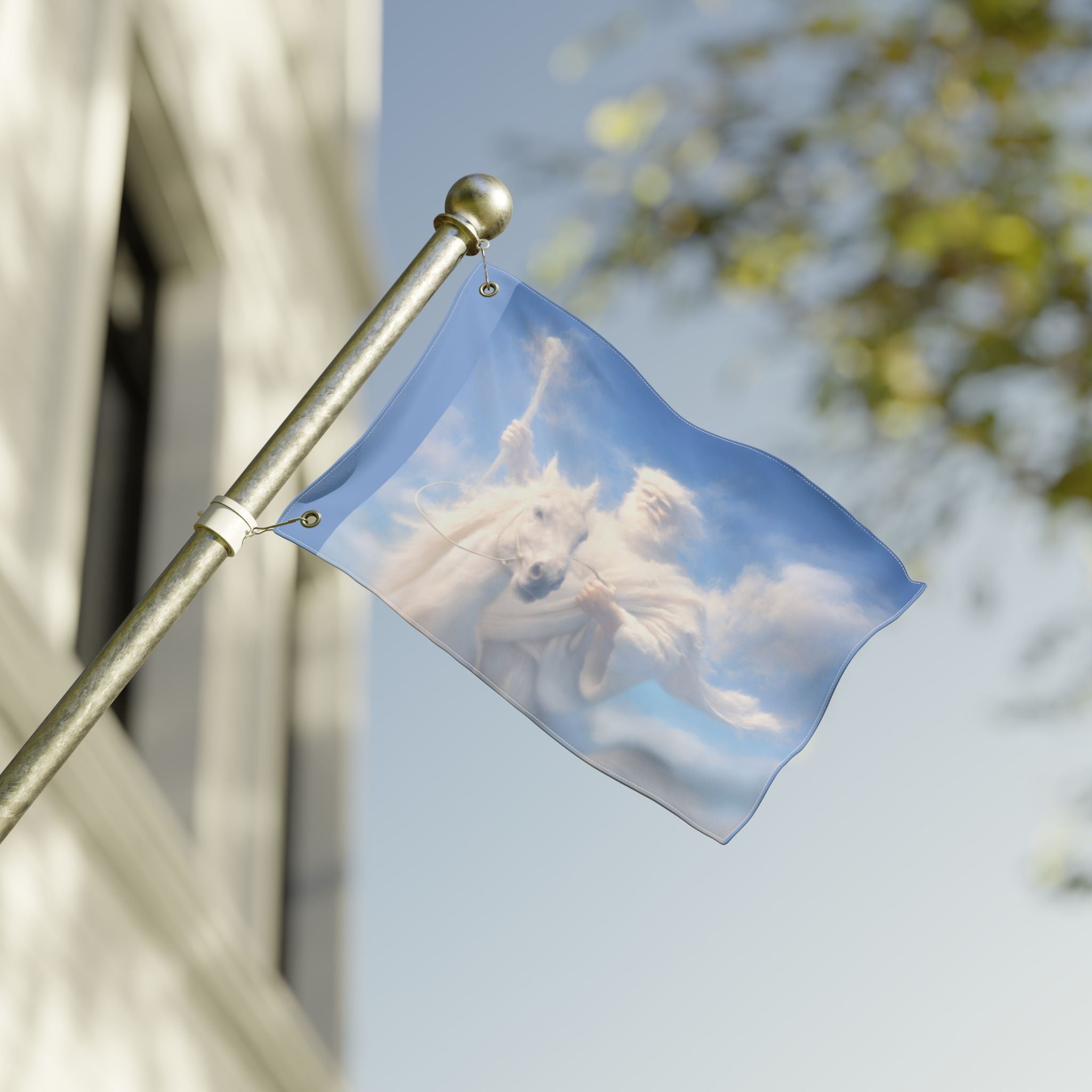Double-sided Christian outdoor flag featuring Jesus riding on glowing clouds with vibrant heavenly artwork and inspirational faith-centered design.