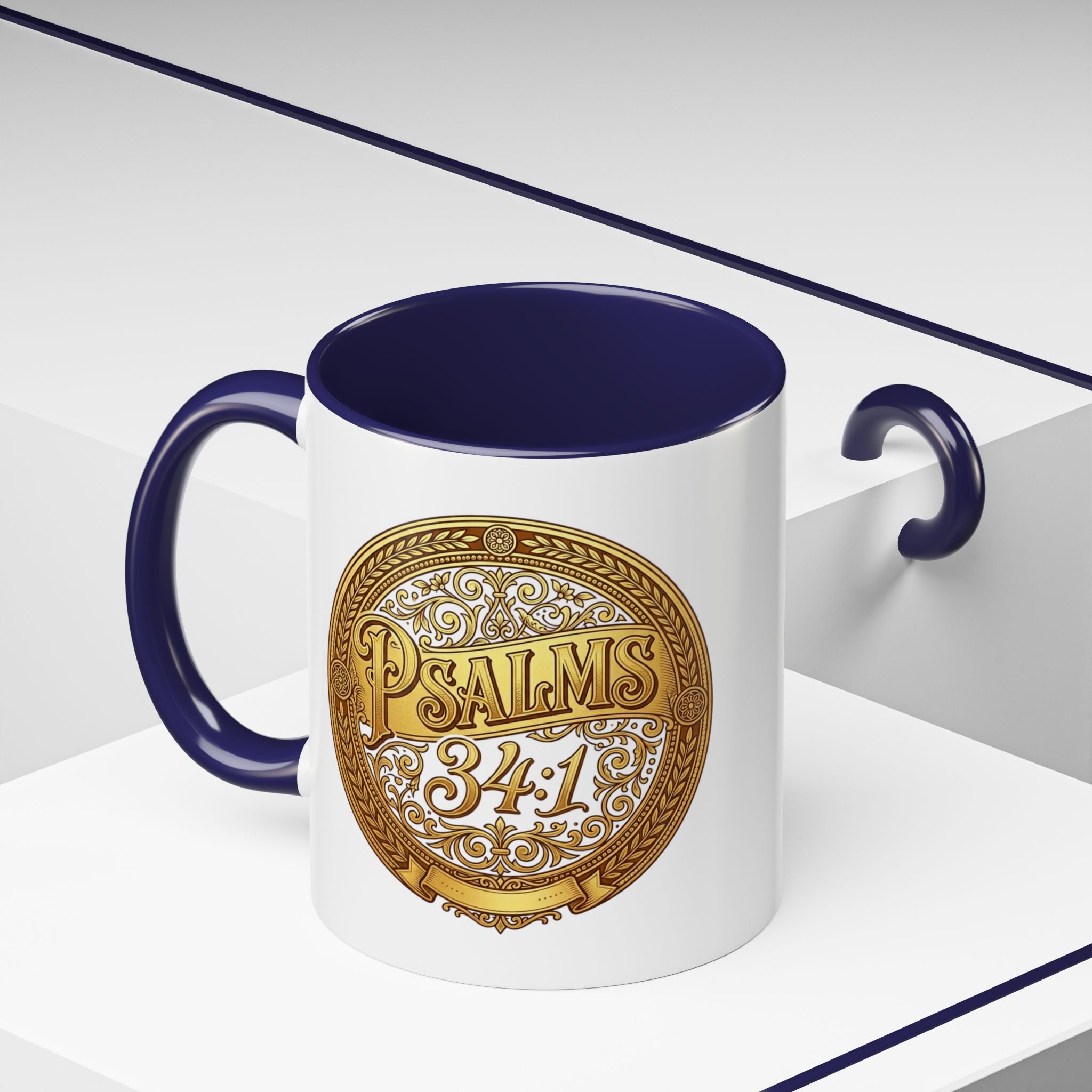 Inspirational Christian ceramic accent coffee mug featuring Psalm 34:1 in an ornate gold medallion design with colorful handle and interior accents.