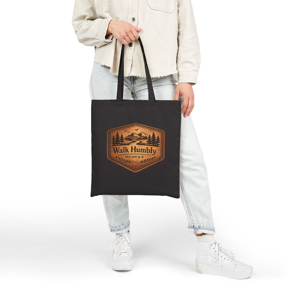 Walk Humbly Tote Bag | Micah 6:8 Christian Canvas Tote | Rustic Mountain Faith Tote