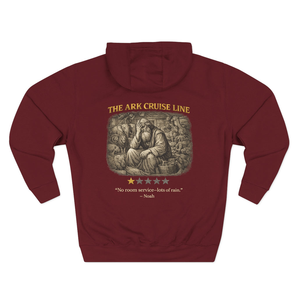 Back view of a red hooded sweatshirt featuring “The Ark Cruise Line” in gold lettering above a vintage illustration of Noah surrounded by animals aboard the ark. Below the artwork is a one-star rating and the playful quote, “No room service—lots of rain.” The design combines biblical storytelling with lighthearted humor in the signature Five-Star Faith Series™ style.