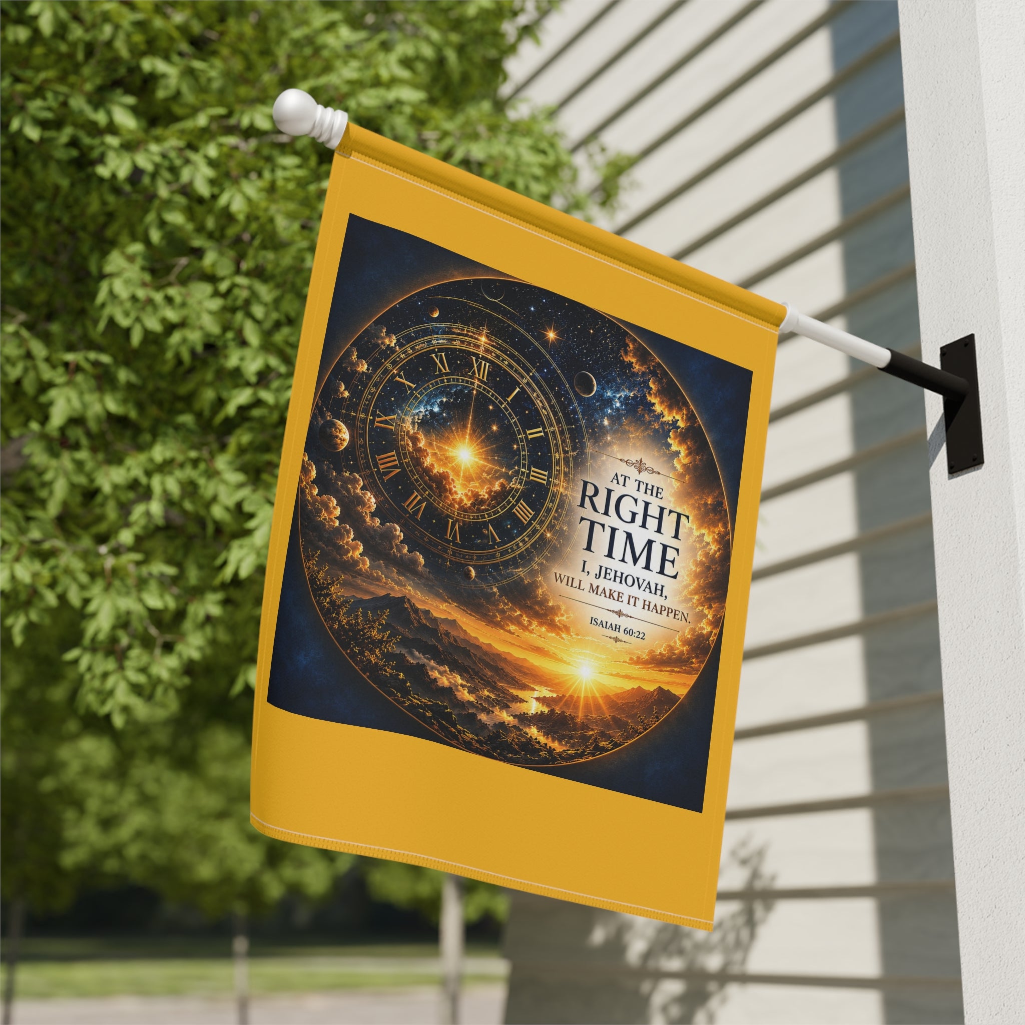 At the Right Time Garden Flag | Inspirational Bible Verse Banner | Celestial Sunrise Outdoor Decor