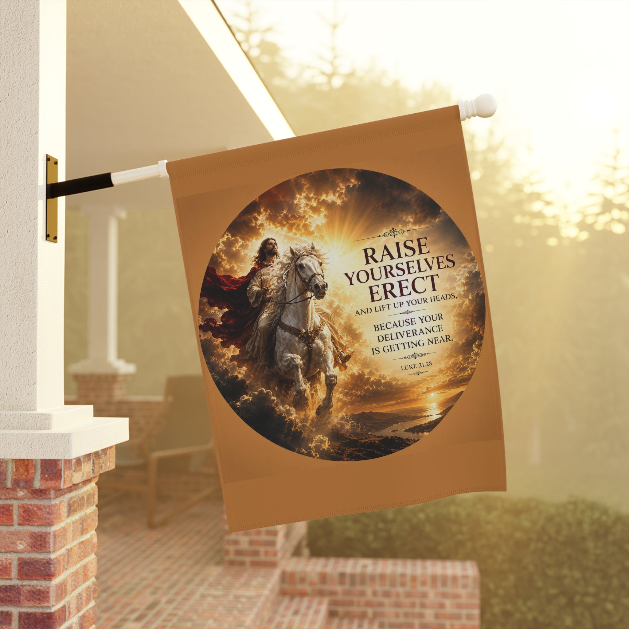 Inspirational Christian garden flag featuring Jesus riding a white horse beneath glowing skies with Luke 21:28 scripture artwork in warm vibrant tones.