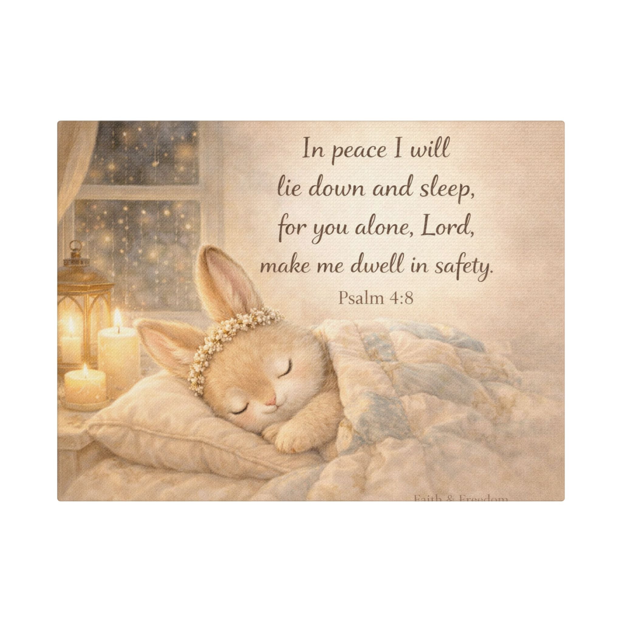 Sleeping Bunny Canvas — Psalm 4:8 Nursery Wall Art | Christian Baby Room Decor