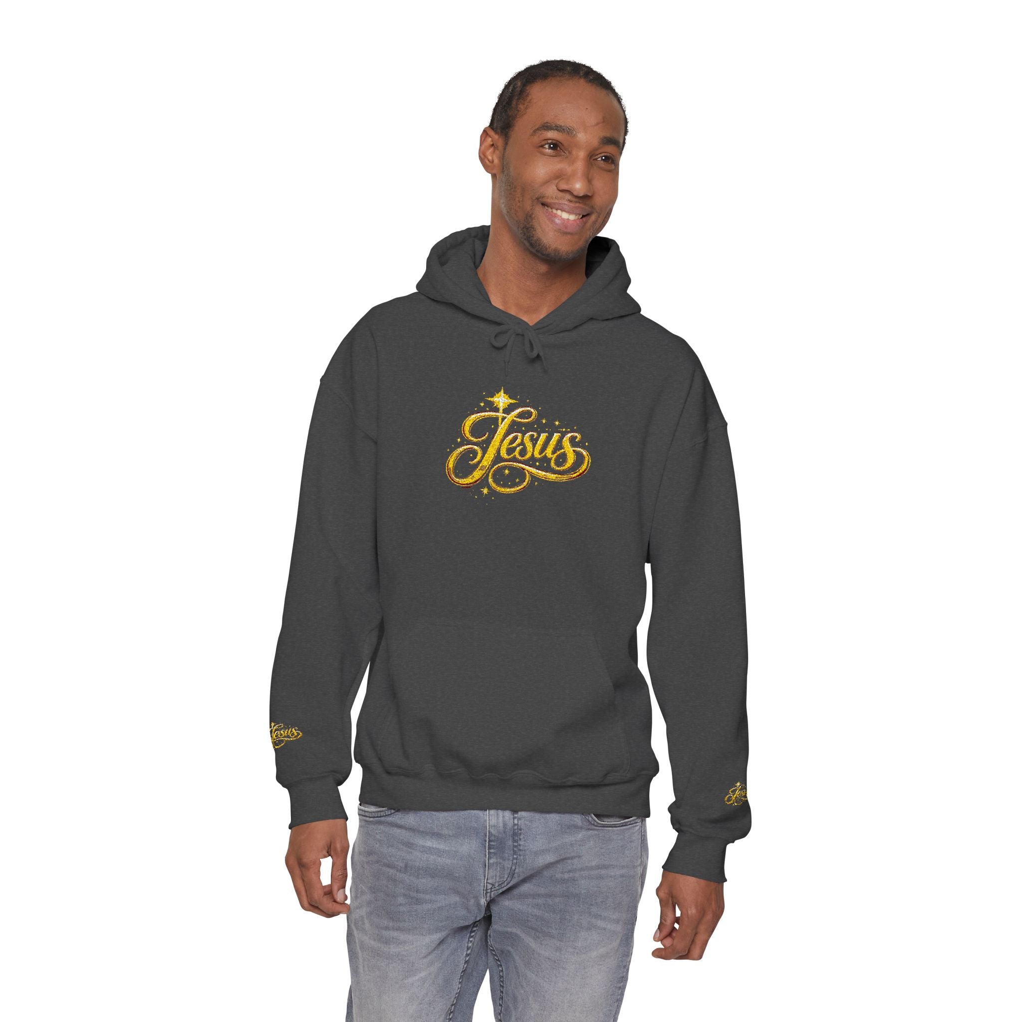 Jesus Gold Script Hoodie – Sparkle Christian Faith Pullover | Inspirational Hoodie