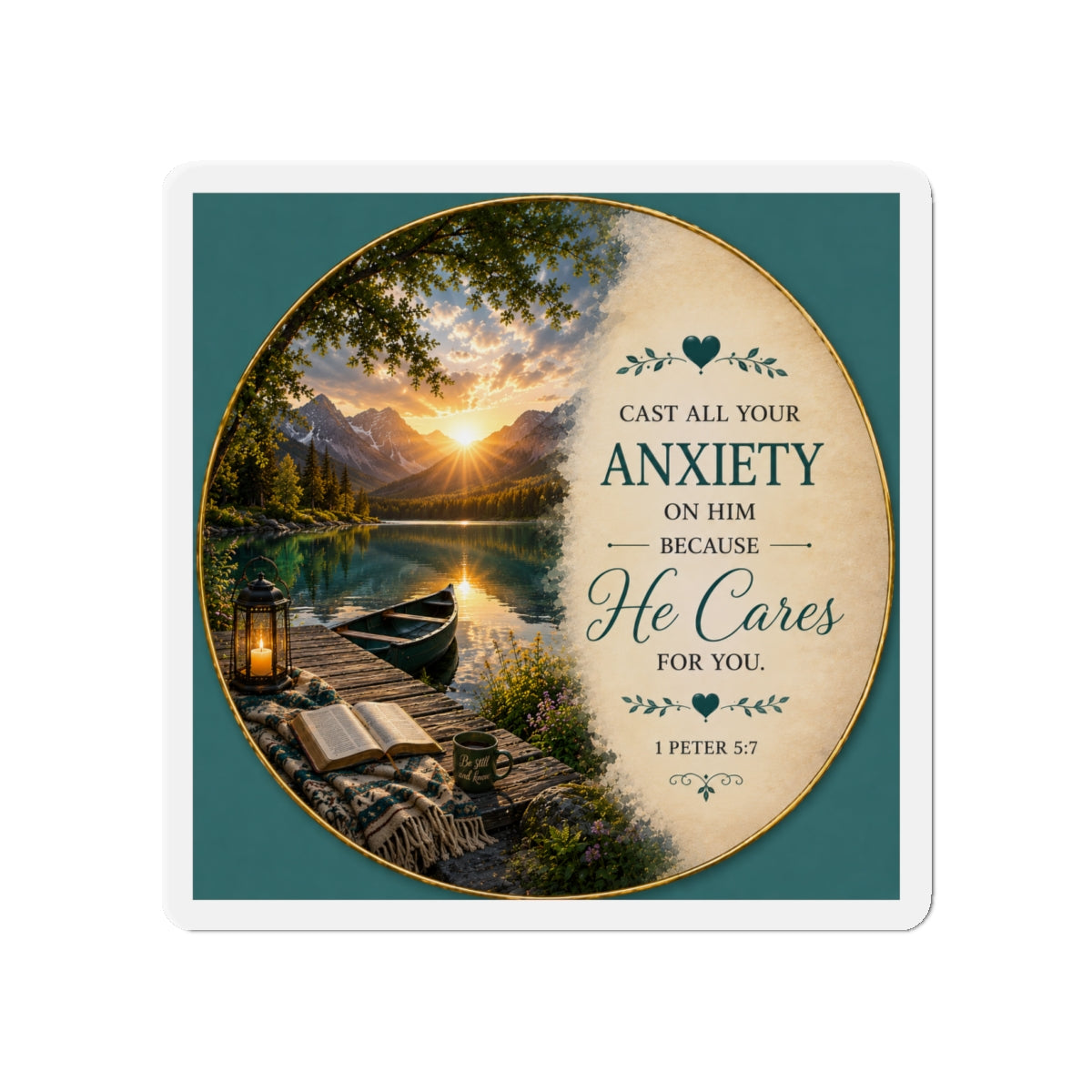 Christian die-cut magnet featuring a peaceful mountain lake sunrise, open Bible, canoe, and the scripture “Cast All Your Anxiety on Him Because He Cares for You” from 1 Peter 5:7 in teal and cream tones.