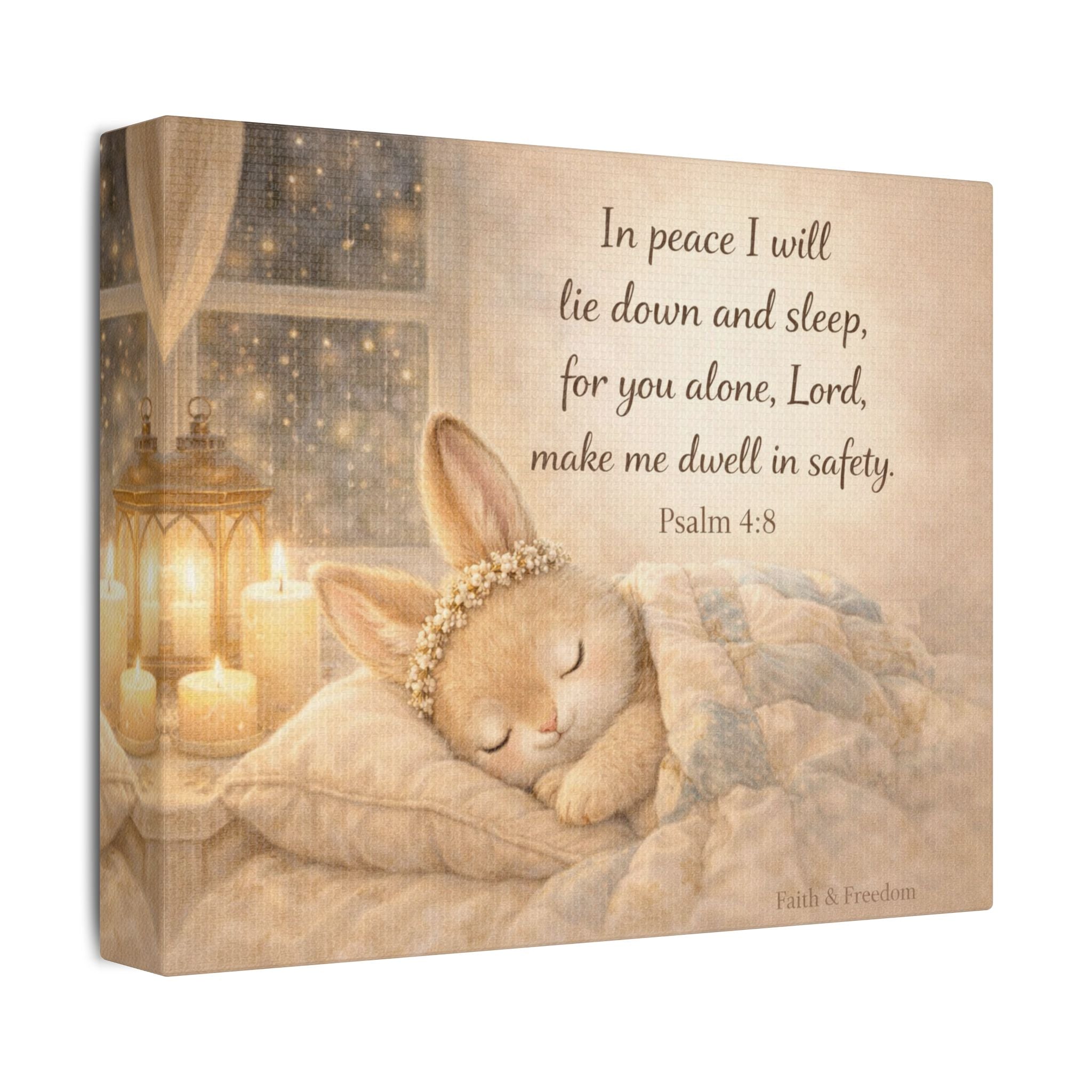 Sleeping Bunny Canvas — Psalm 4:8 Nursery Wall Art | Christian Baby Room Decor