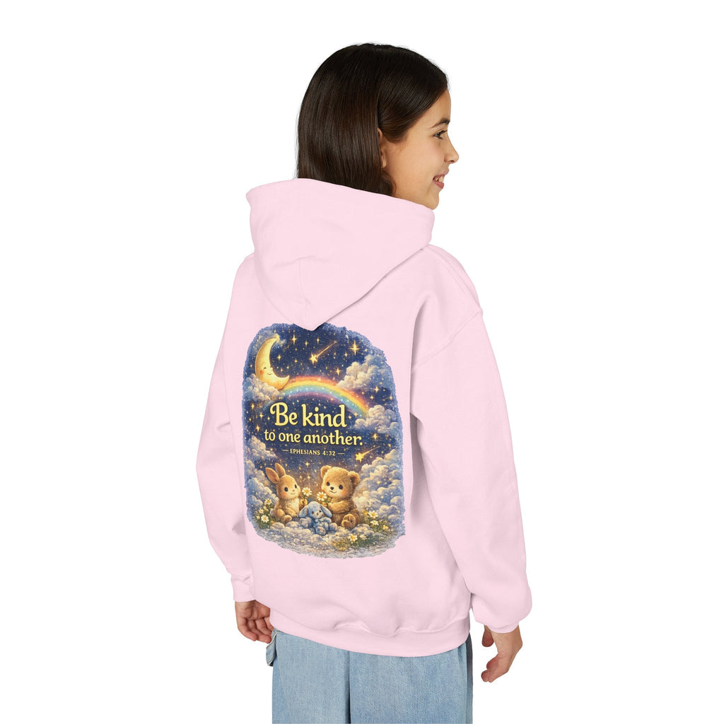 Youth “Be Kind to One Another” Hoodie – Cute Bunny Night Sky Scripture Sweatshirt
