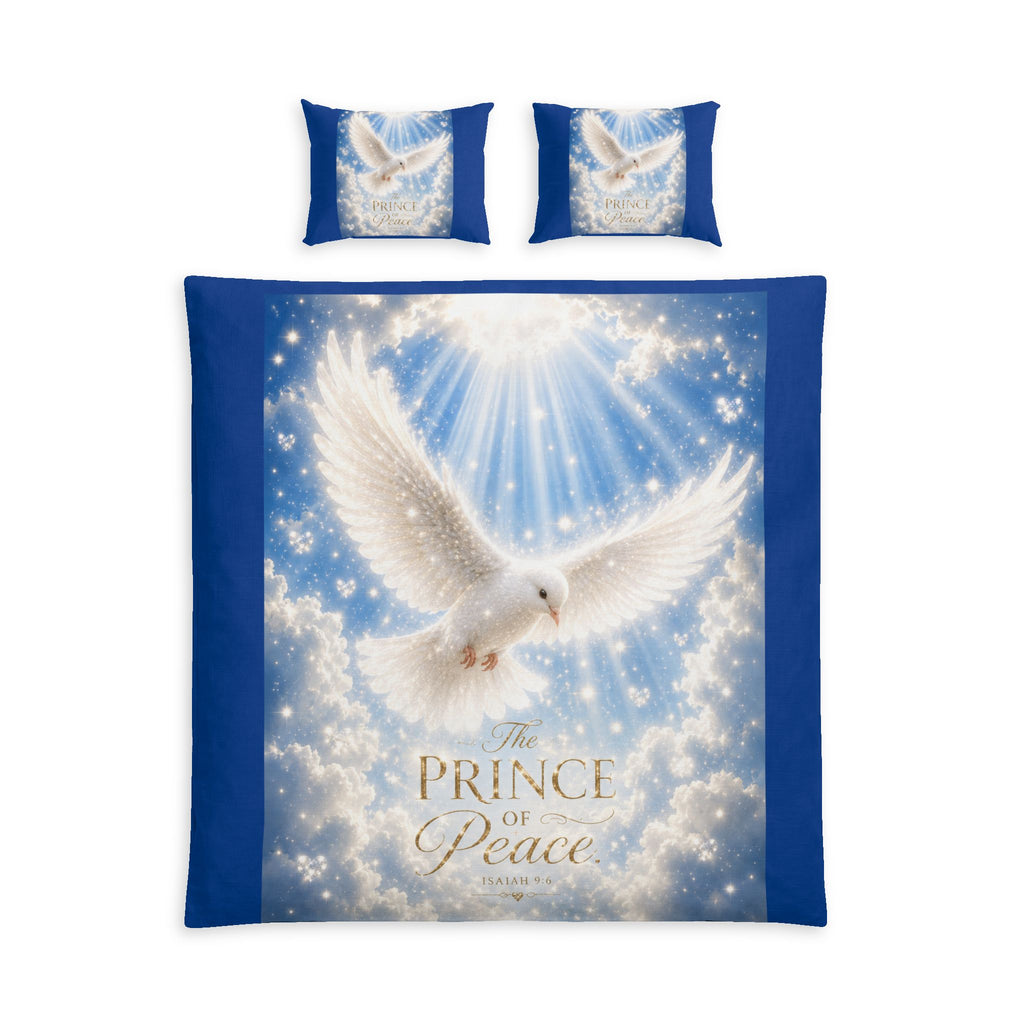 Blue and white Christian cotton bedding set featuring a radiant white dove descending through clouds with the words "Prince of Peace" on a faith-inspired duvet cover and matching pillow sham.