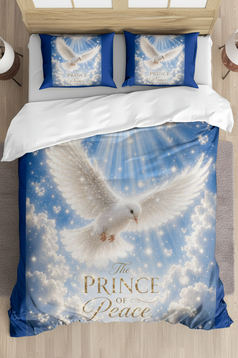 Blue and white Christian cotton bedding set featuring a radiant white dove descending through clouds with the words "Prince of Peace" on a faith-inspired duvet cover and matching pillow sham.