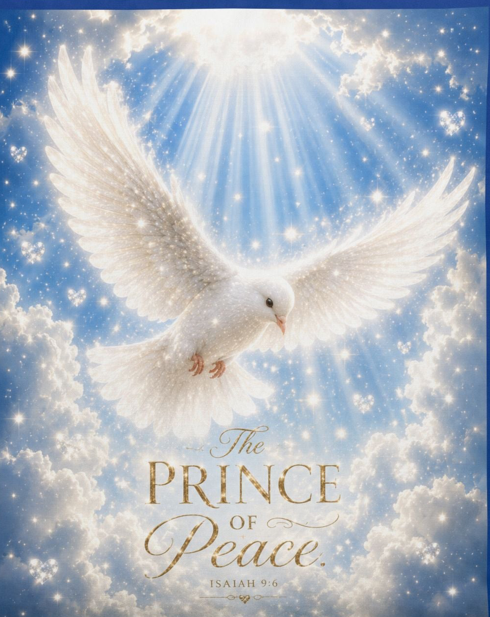 Blue and white Christian cotton bedding set featuring a radiant white dove descending through clouds with the words "Prince of Peace" on a faith-inspired duvet cover and matching pillow sham.