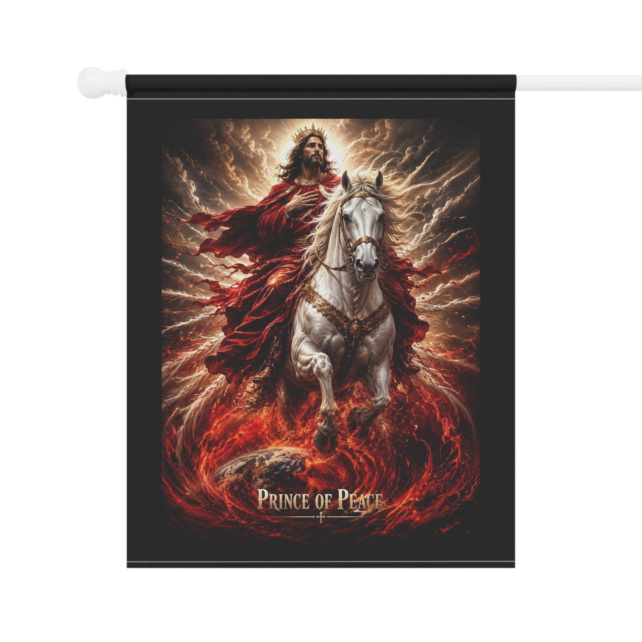 Christian garden banner featuring Jesus beside a noble horse with the words “Prince of Peace” in warm country-inspired outdoor artwork.