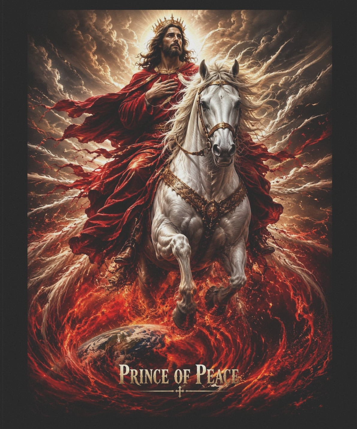 Christian garden banner featuring Jesus beside a noble horse with the words “Prince of Peace” in warm country-inspired outdoor artwork.
