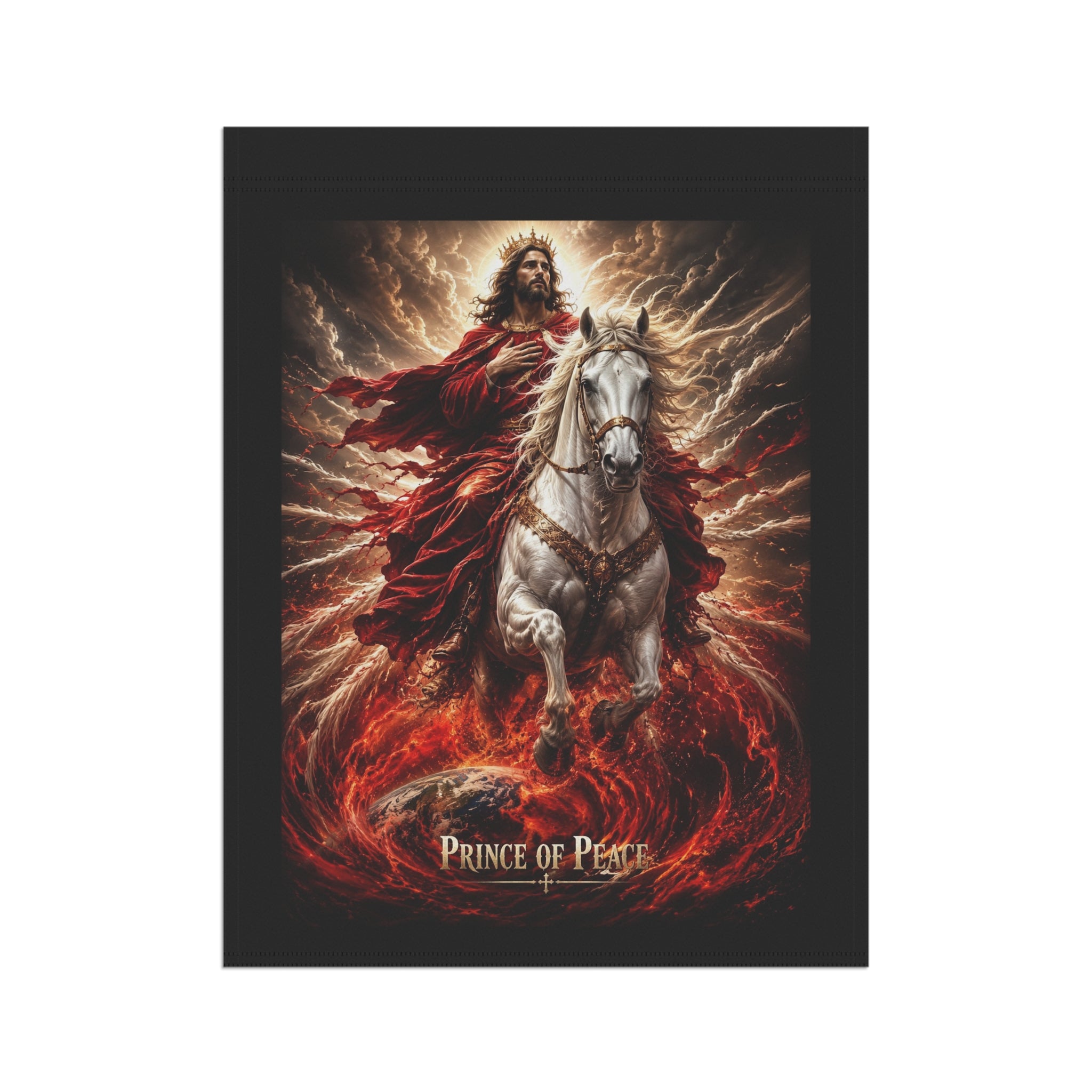 Christian garden banner featuring Jesus beside a noble horse with the words “Prince of Peace” in warm country-inspired outdoor artwork.