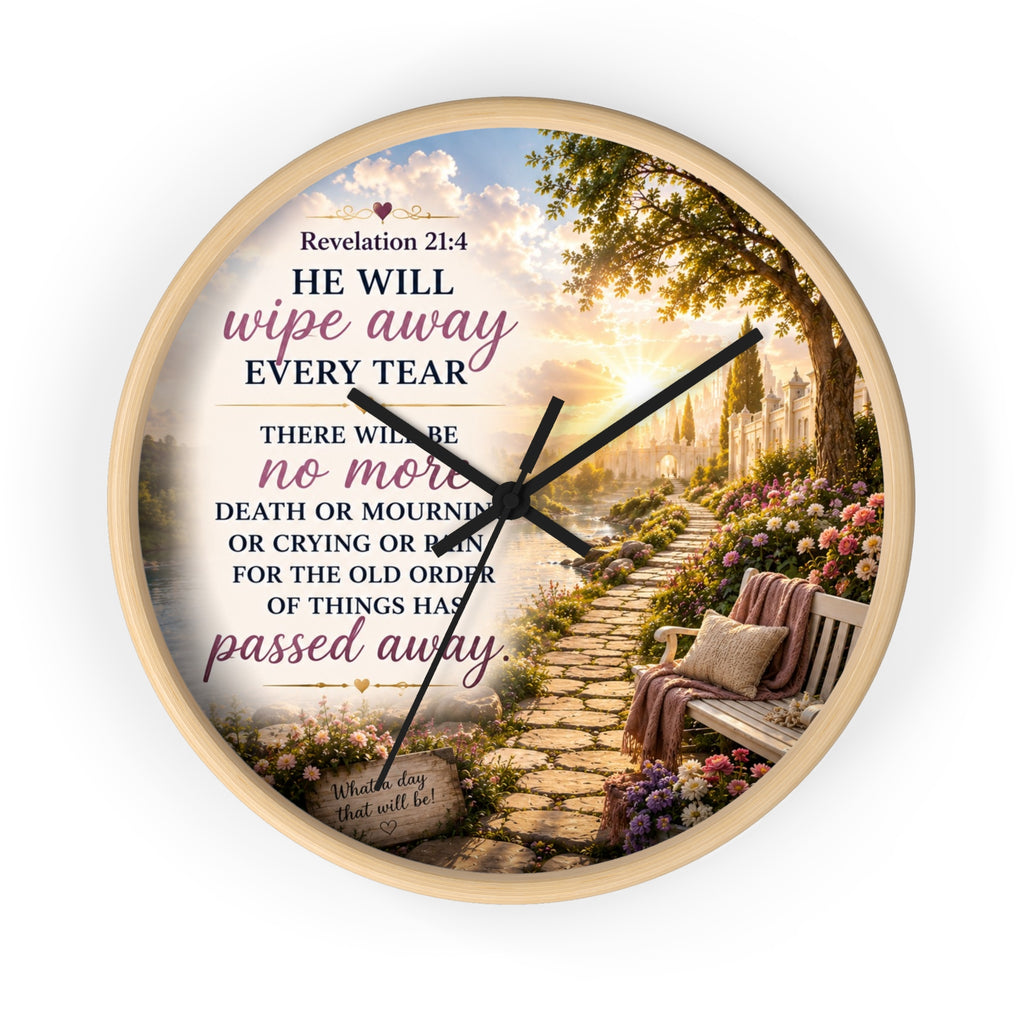 Revelation 21:4 Wall Clock | Christian Prayer Garden Decor | Inspirational Silent Wall Clock