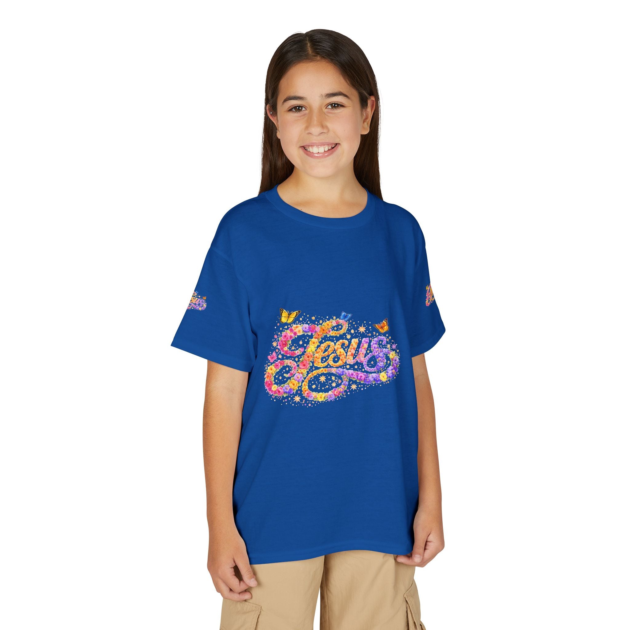 Youth Jesus Floral Butterfly T-Shirt – Christian Kids Faith Tee | Gratitude Sneaker Style Shirt