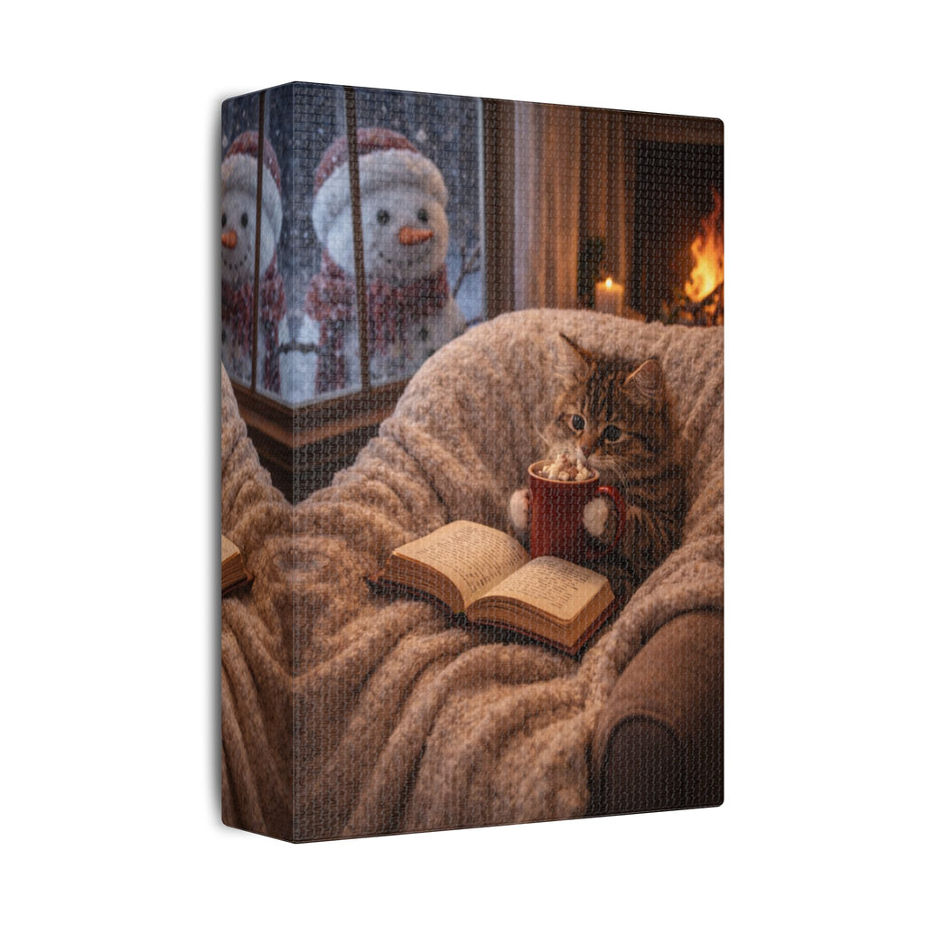 Winter Cat with Mug & Book Canvas — Cozy Cat Wall Art