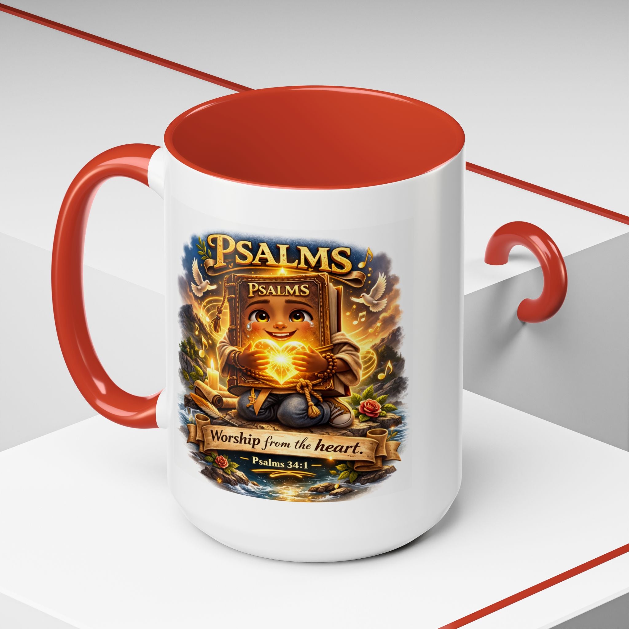 Inspirational Christian ceramic accent coffee mug featuring Psalm 34:1 and the message “Worship From the Heart” with colorful handle and interior accents on a glossy white mug.