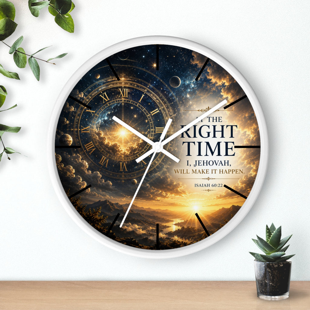 Bring peaceful encouragement into your home with this Isaiah 60:22 wall clock featuring celestial artwork, a golden sunrise, silent movement, and the comforting promise: “The Right Time, I Jehovah Will Make It Happen.”