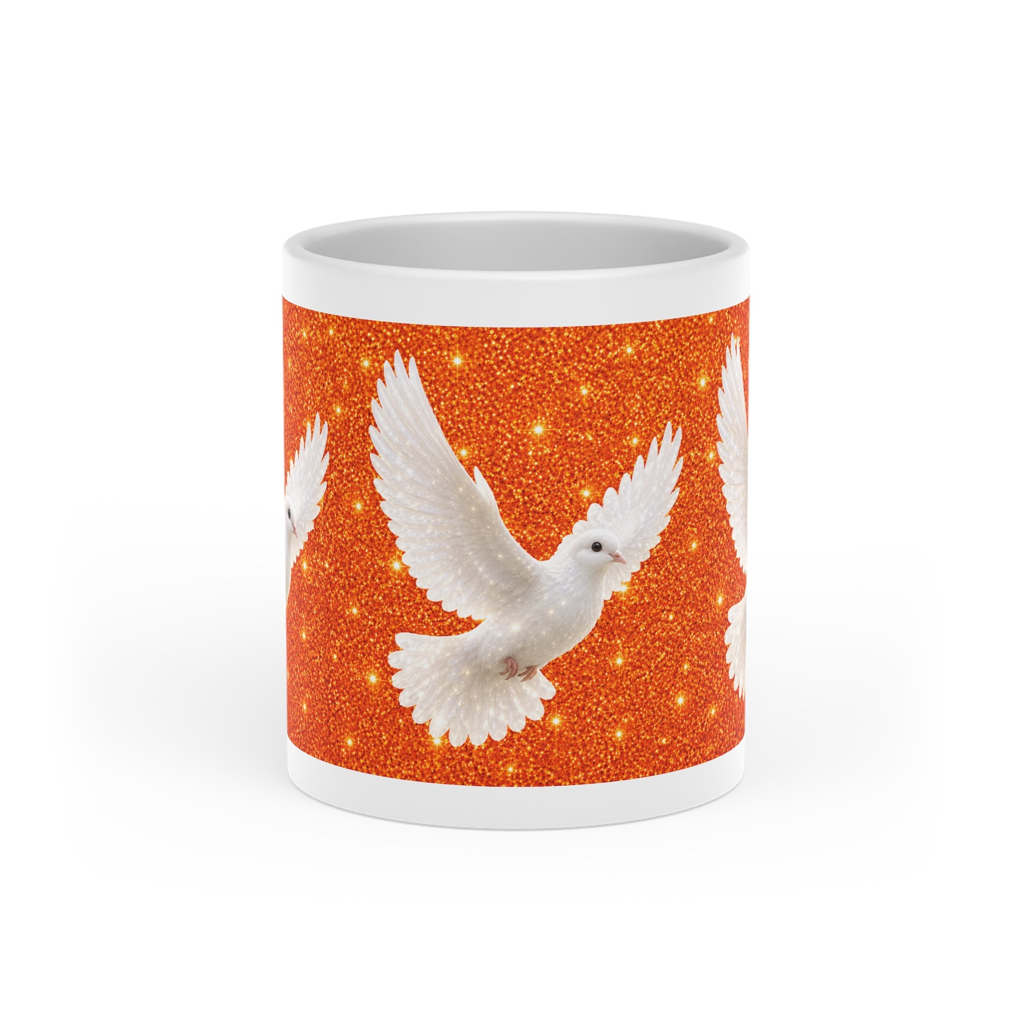 White ceramic heart-shaped handle mug featuring elegant white doves flying across a sparkling orange background with vibrant wraparound artwork.