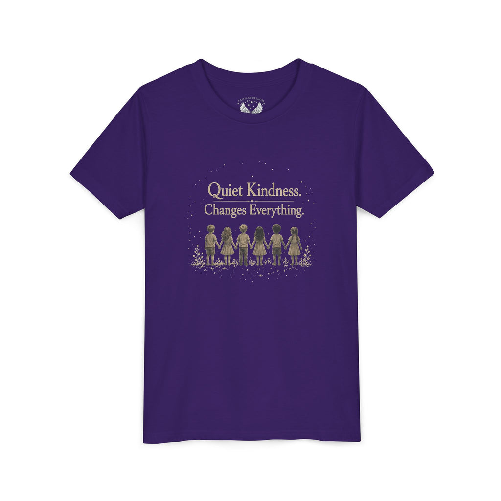 Youth “Quiet Kindness Changes Everything” Tee – Kids Inspirational T-Shirt with Earth & Friends Graphic