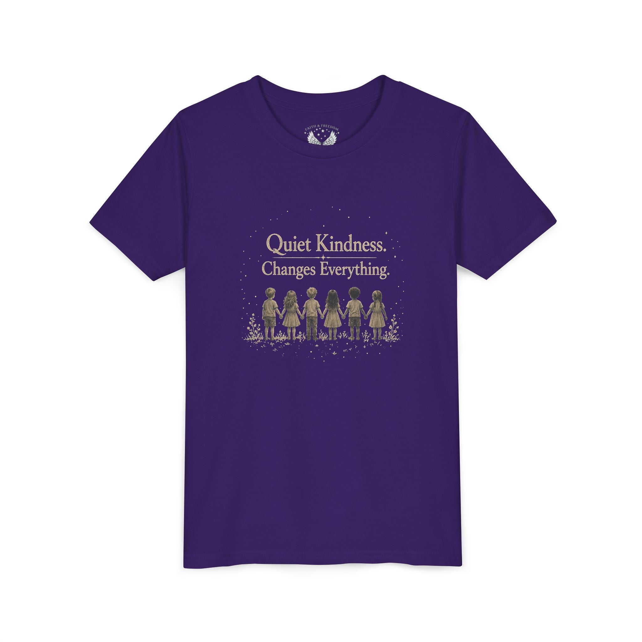 Youth “Quiet Kindness Changes Everything” Tee – Kids Inspirational T-Shirt with Earth & Friends Graphic
