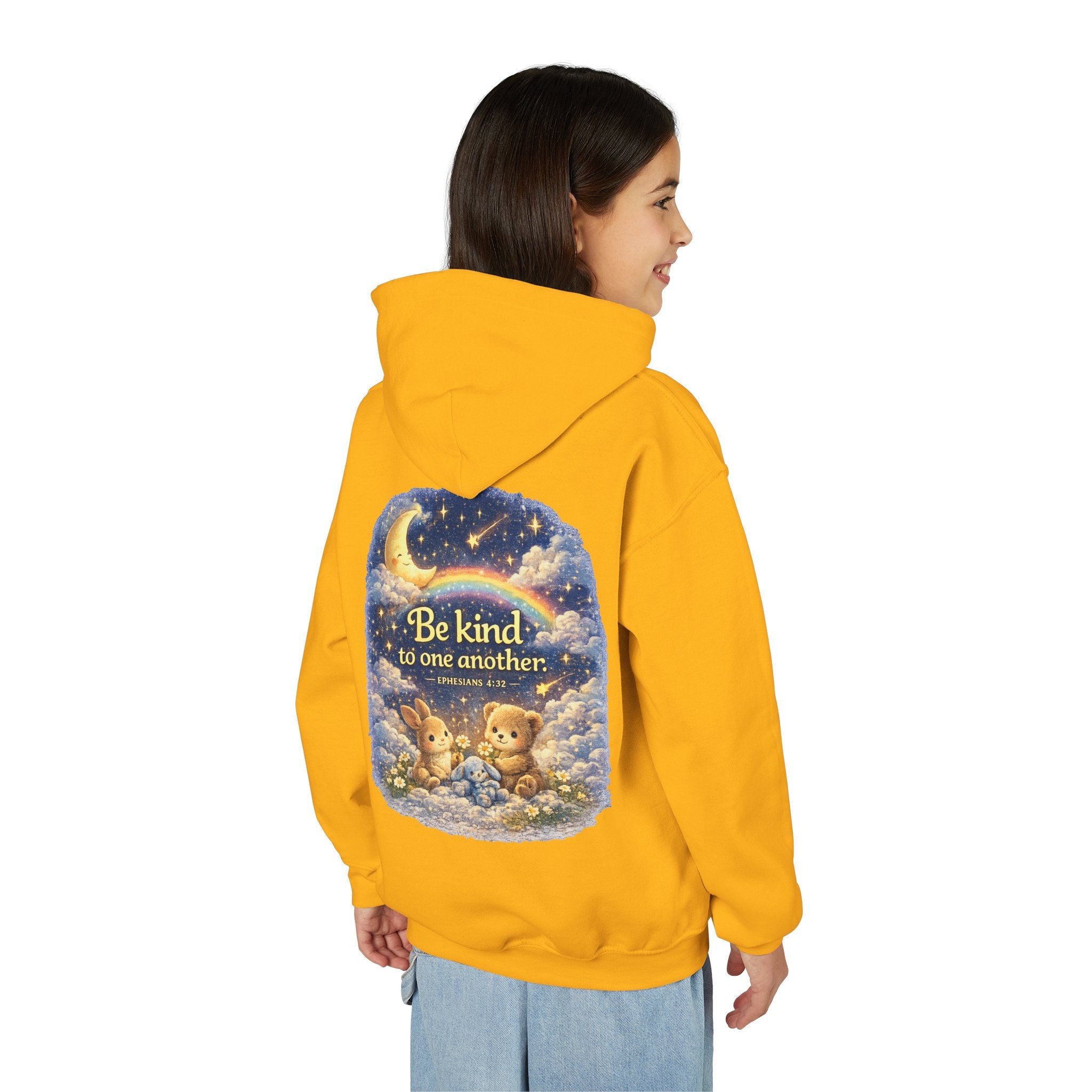 Youth “Be Kind to One Another” Hoodie – Cute Bunny Night Sky Scripture Sweatshirt