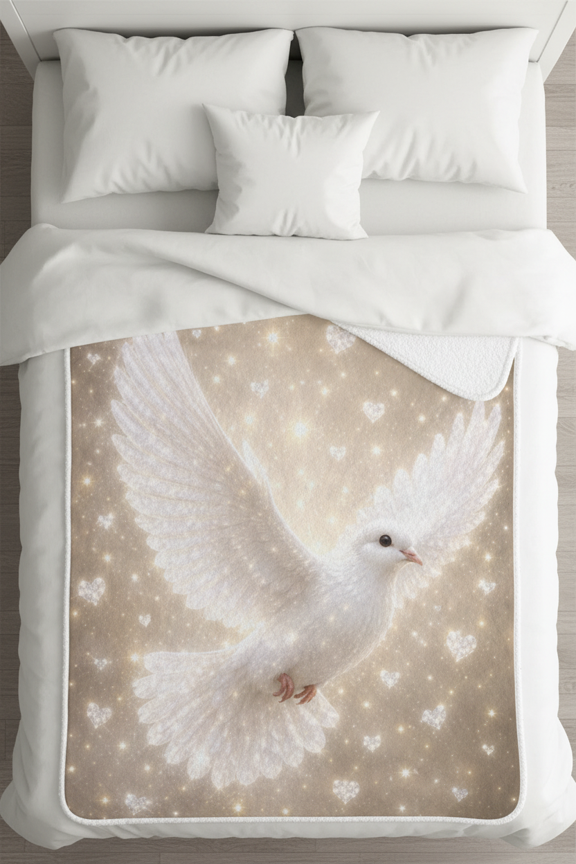Sherpa fleece blanket featuring a luminous white dove flying across a sparkling champagne-colored sky with stars, creating a peaceful and elegant home décor design.