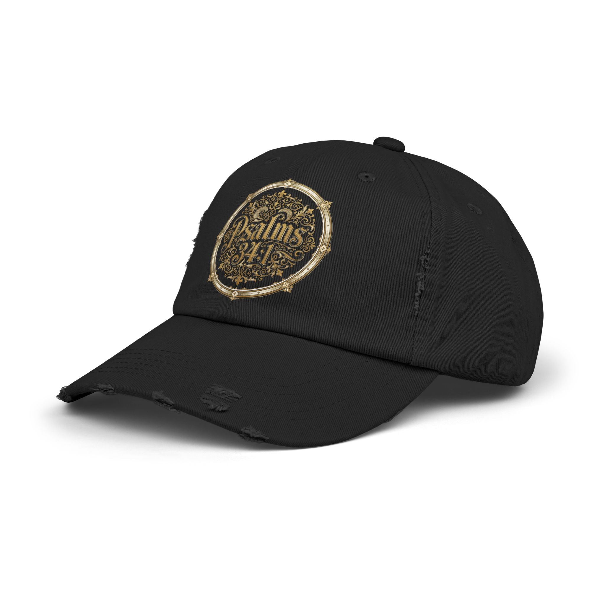 Distressed Black Cap – Psalm 23:1 Vintage Gold Emblem Hat | Faith & Freedom Creations
