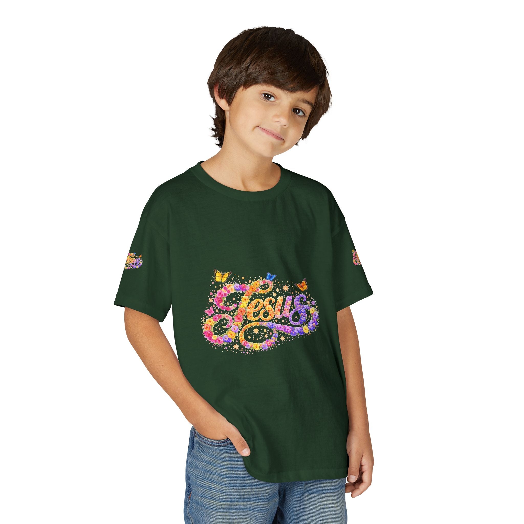 Youth Jesus Floral Butterfly T-Shirt – Christian Kids Faith Tee | Gratitude Sneaker Style Shirt