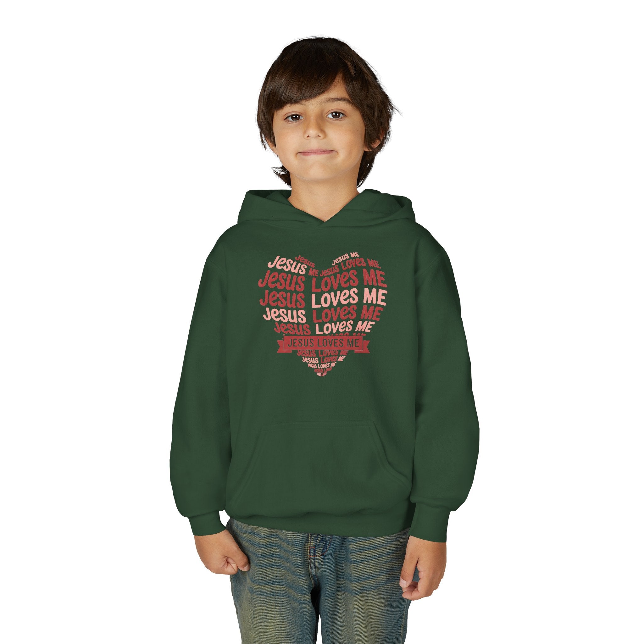Jesus Loves Me Youth Hoodie – Heart Word Cloud Christian Kids Sweatshirt | Faith Inspired Kids Apparel
