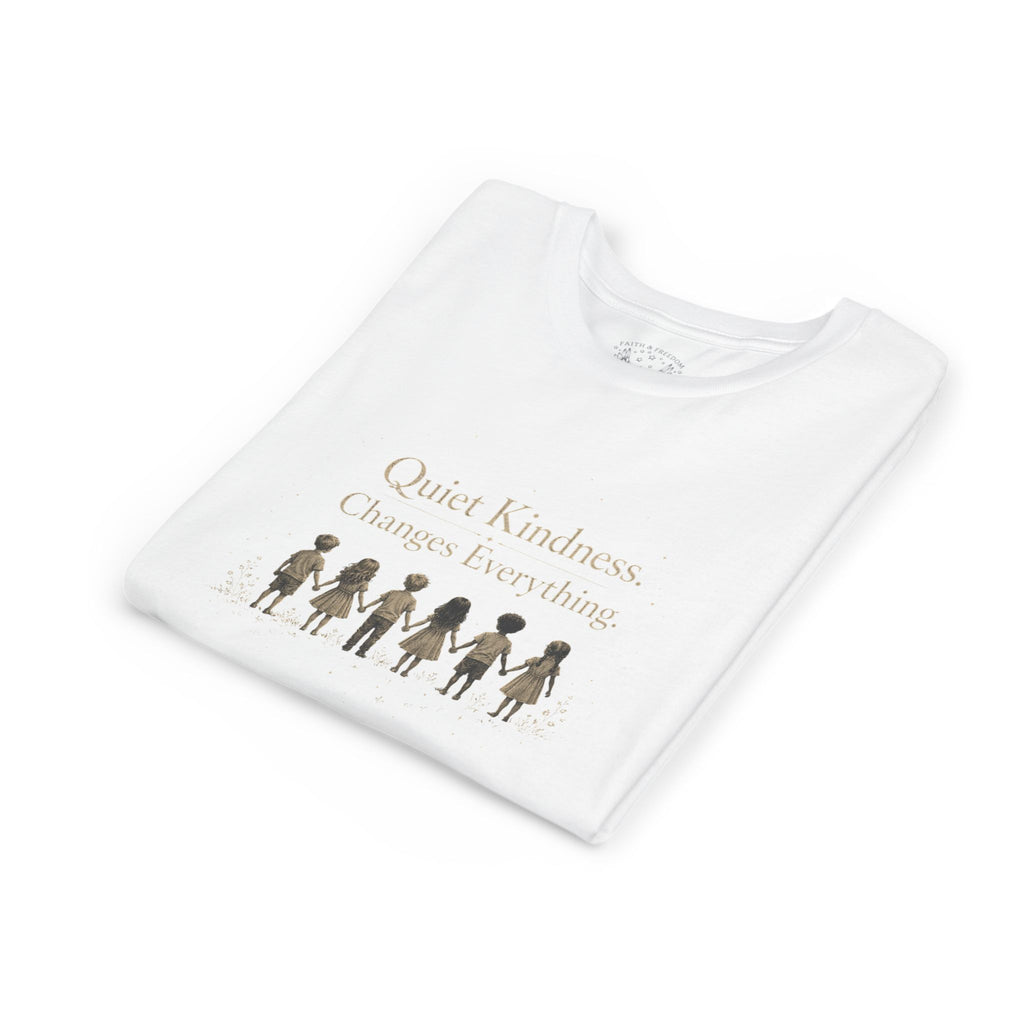 Youth “Quiet Kindness Changes Everything” Tee – Kids Inspirational T-Shirt with Earth & Friends Graphic