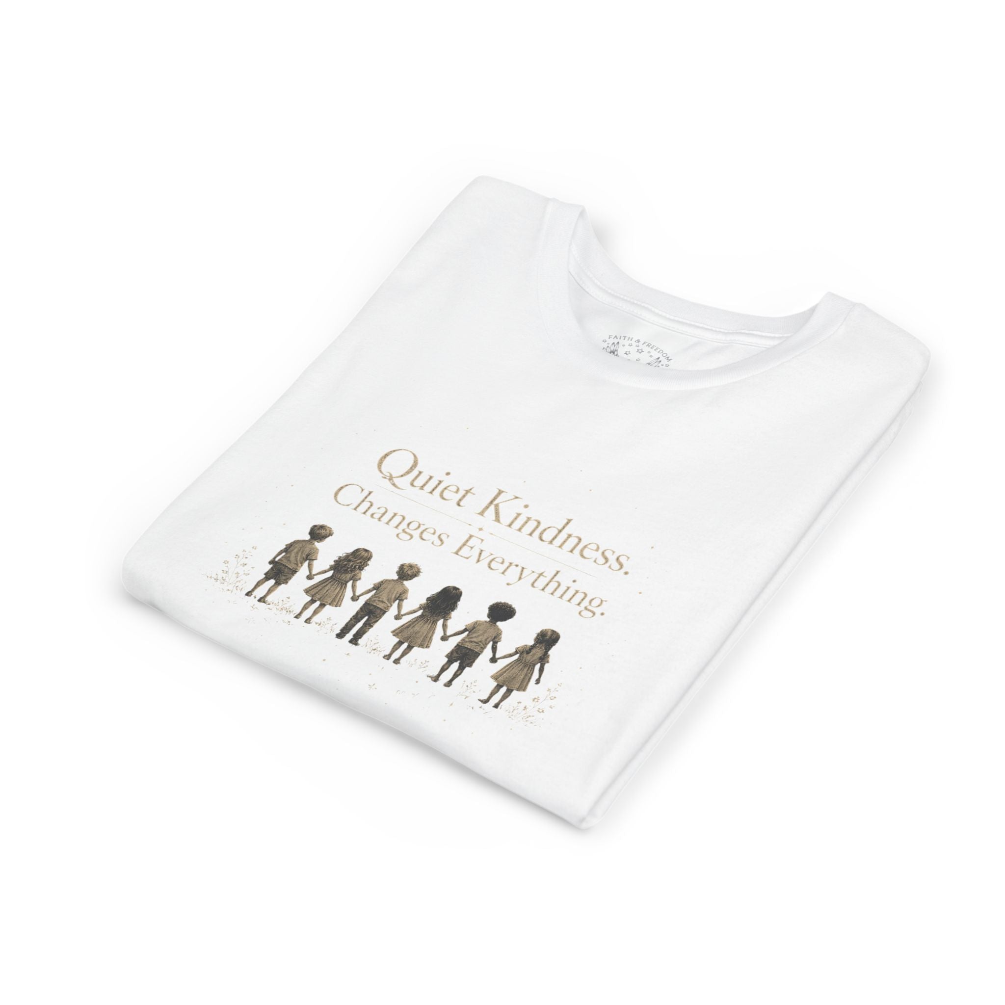 Youth “Quiet Kindness Changes Everything” Tee – Kids Inspirational T-Shirt with Earth & Friends Graphic