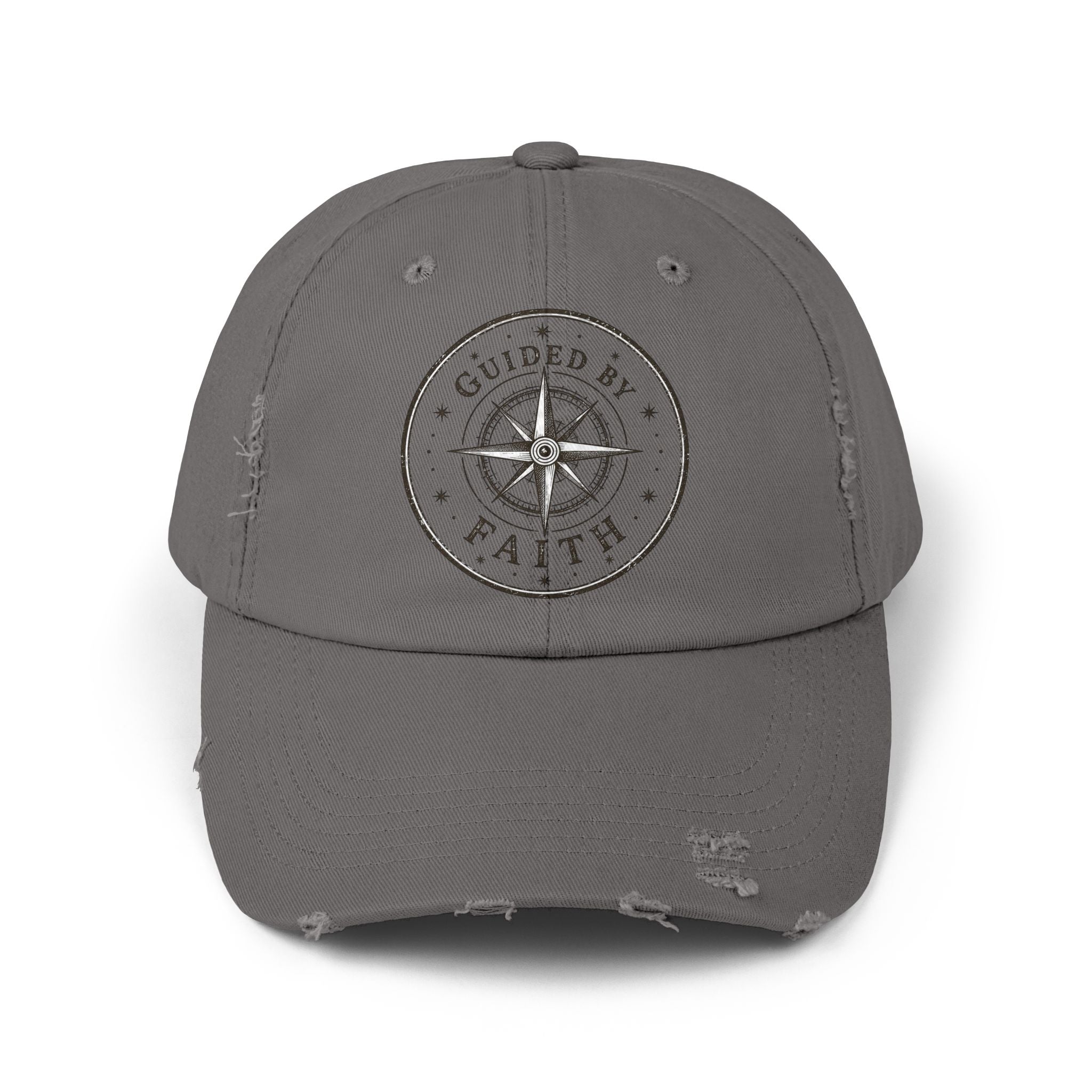 Vintage distressed Christian baseball cap featuring a compass emblem and the phrase “Guided by Faith” on a soft low-profile cotton twill hat.