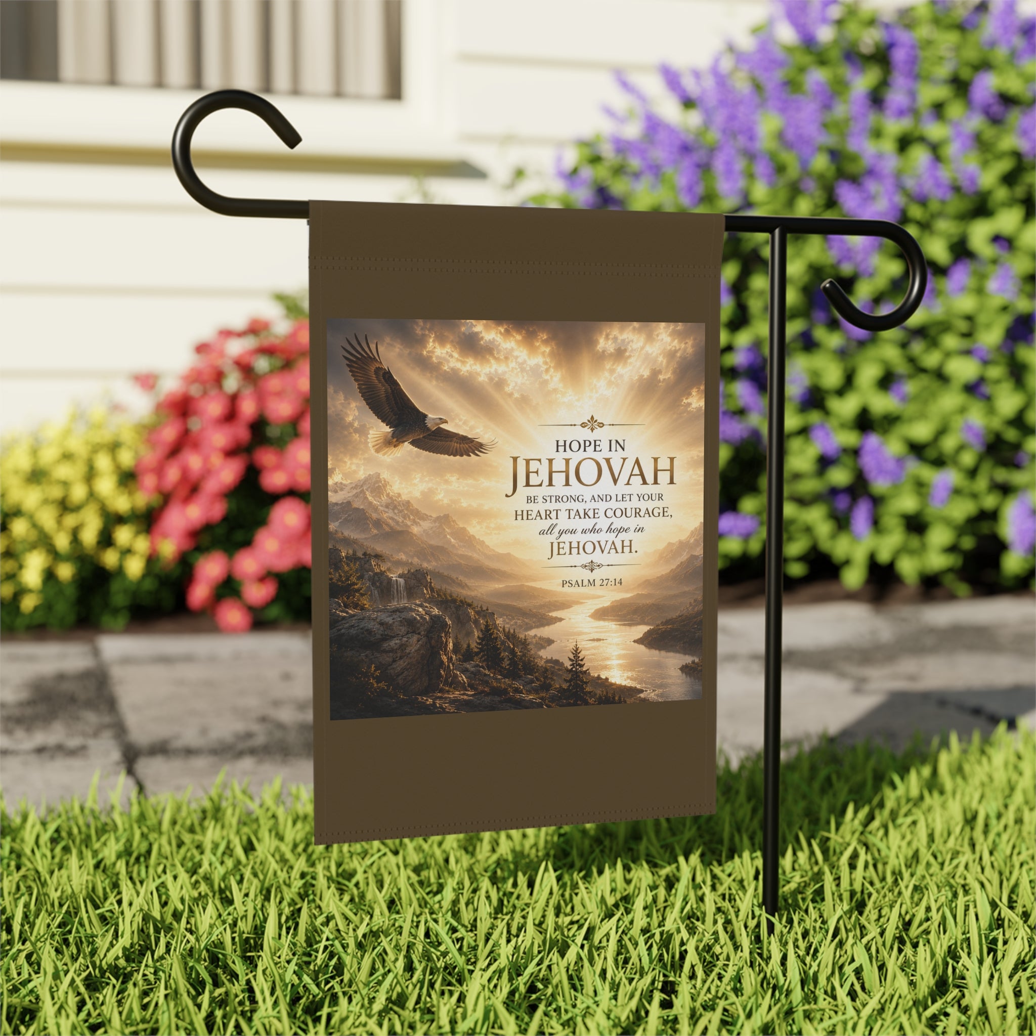 Inspirational Christian garden flag featuring a soaring eagle above a peaceful valley with warm sunset tones inspired by Psalm 27:14 and hope in Jehovah.