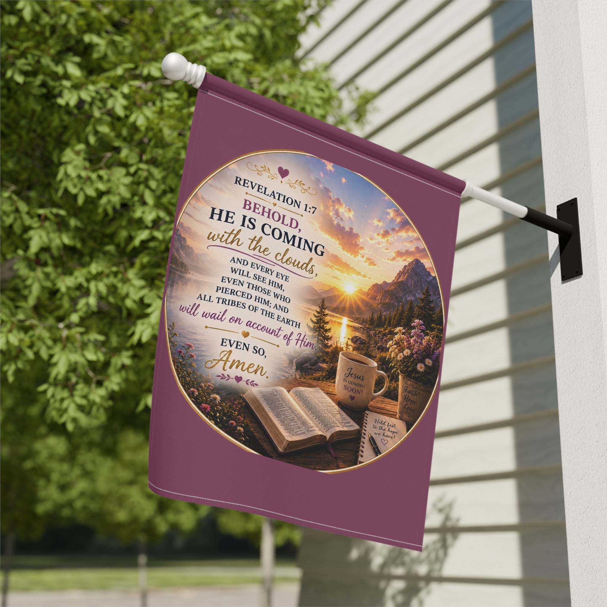 Inspirational Christian memorial garden flag featuring a glowing pathway, peaceful bench, and comforting “He Will Wipe Away Every Tear” scripture artwork in warm sunset tones.
