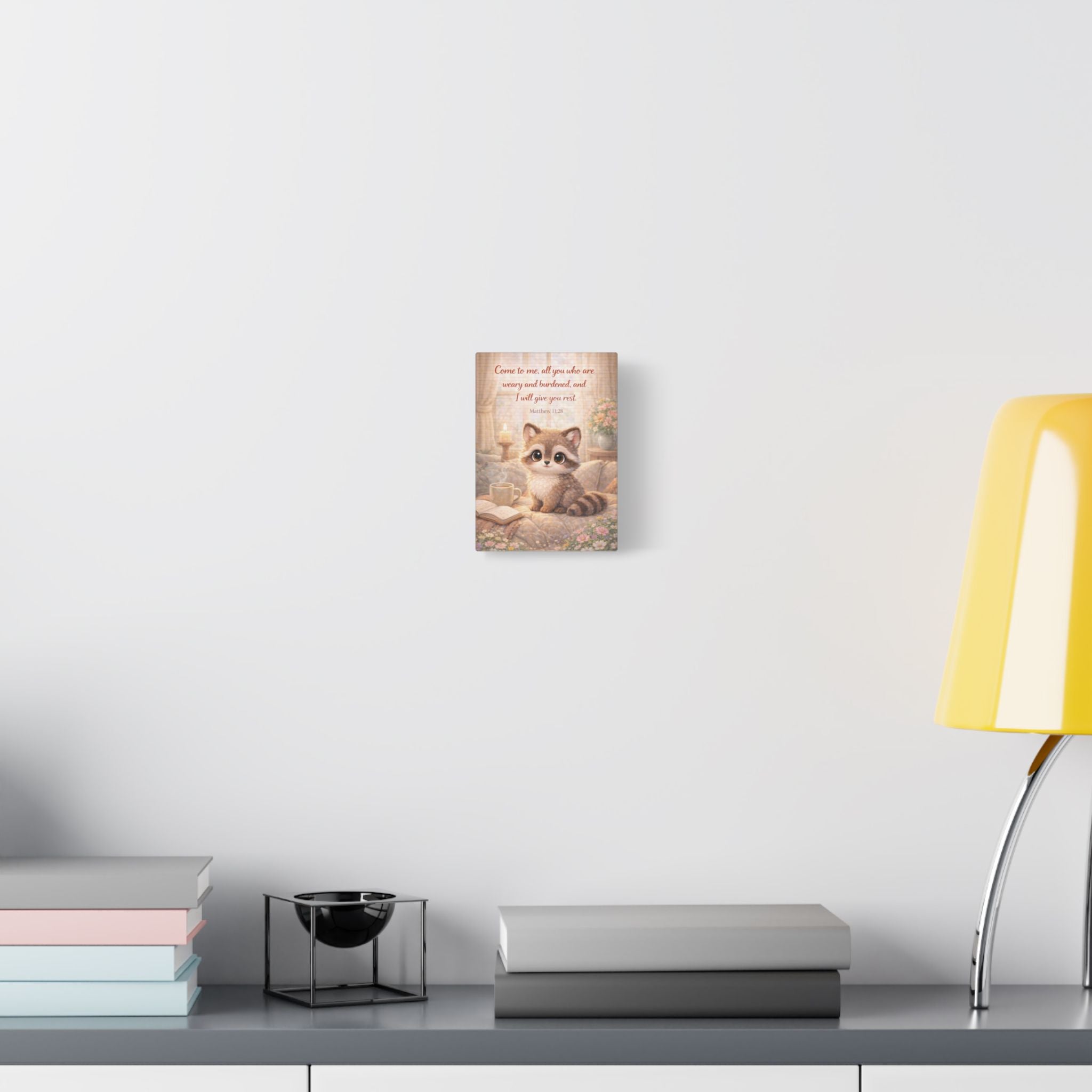 Scripture Woodland Animals – Raccoon – Matthew 11:28 Canvas Print