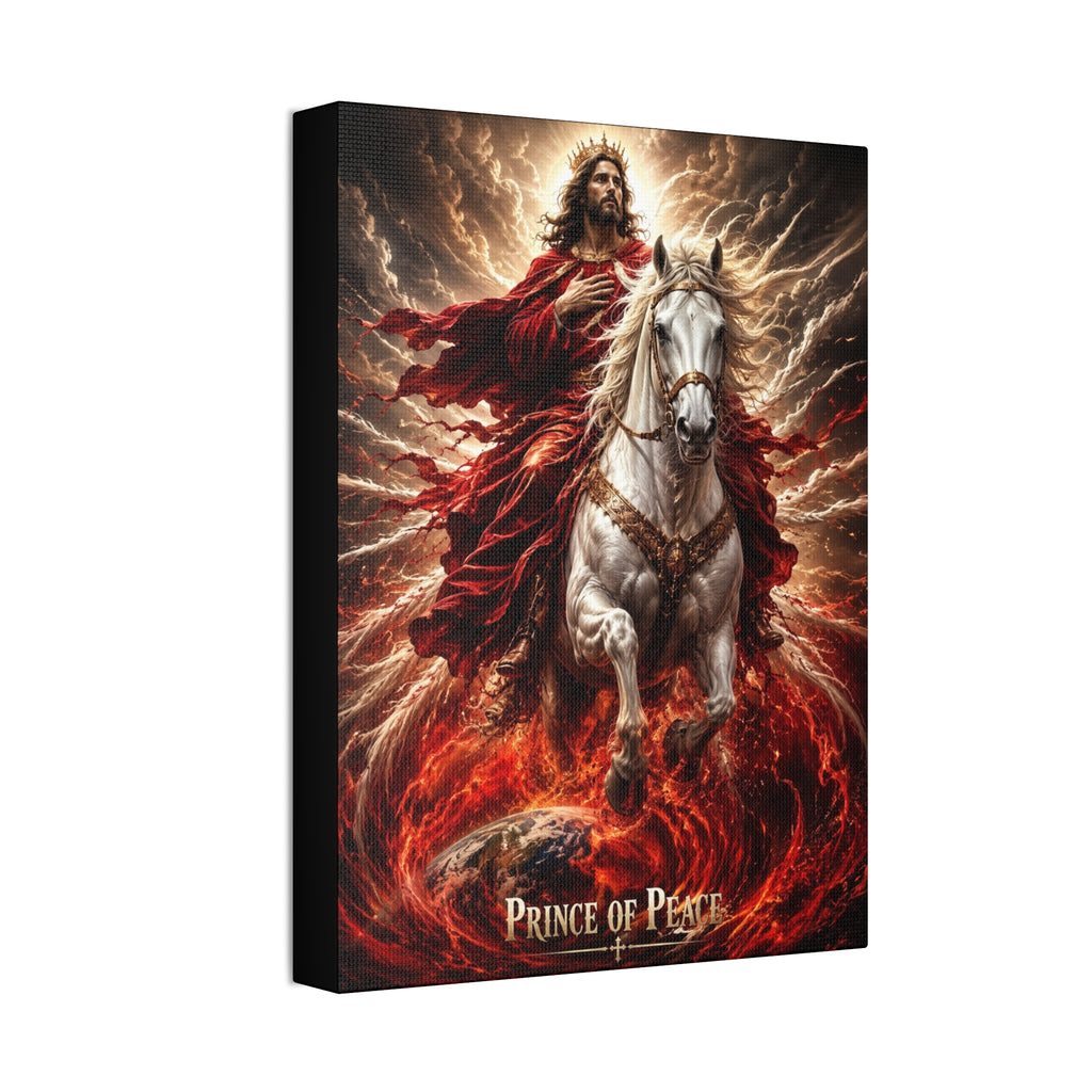 Christian canvas wall art featuring Jesus riding a white horse with peaceful radiant lighting and inspirational Prince of Peace imagery in gallery-style decor.